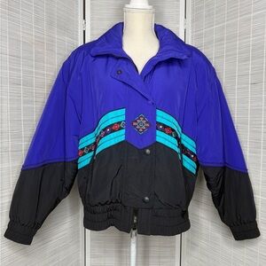 Tyrolia Skiwear Vintage Purple Black Aztec Ski Jacket Nylon Winter Coat Size 10